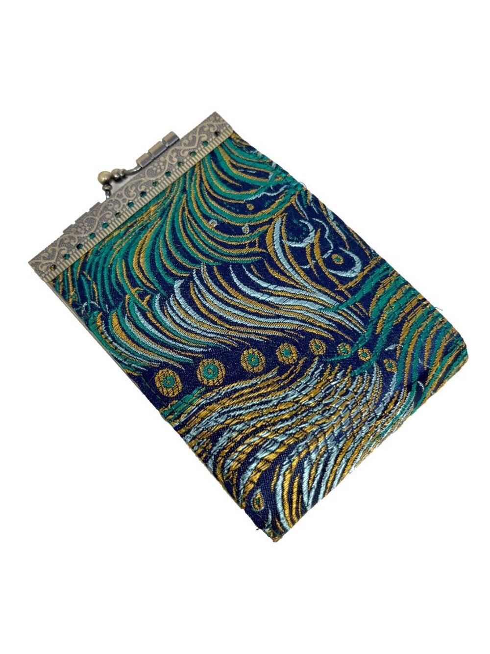 Cathayana Peacock Brocade Card Holder RFID 10 Slot Handmade USA Kiss Clasp